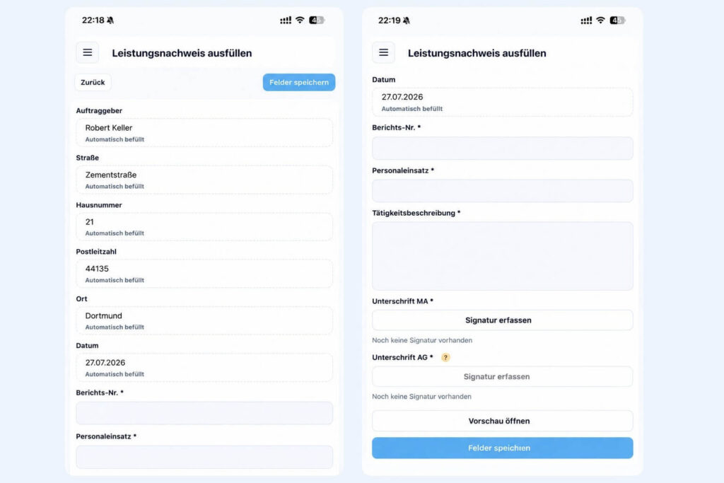 Mobiles Leistungsnachweisformular mit automatisch ausgefüllten und manuellen Feldern sowie Signatur
