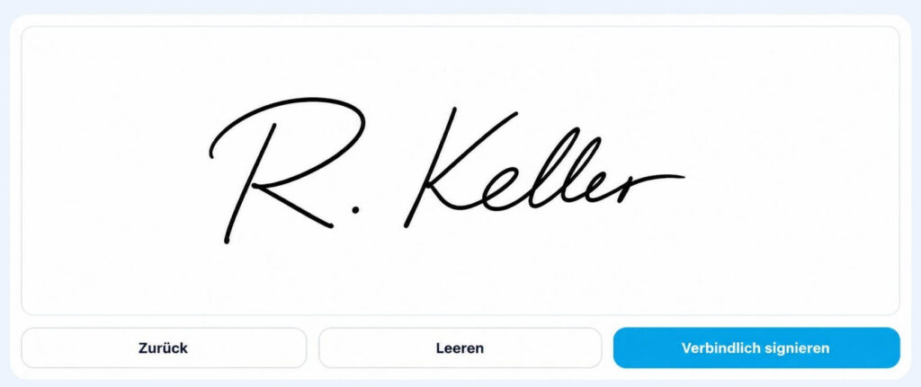 Handschriftliche digitale Auftraggeber-Unterschrift mit Schaltfläche „Verbindlich signieren“