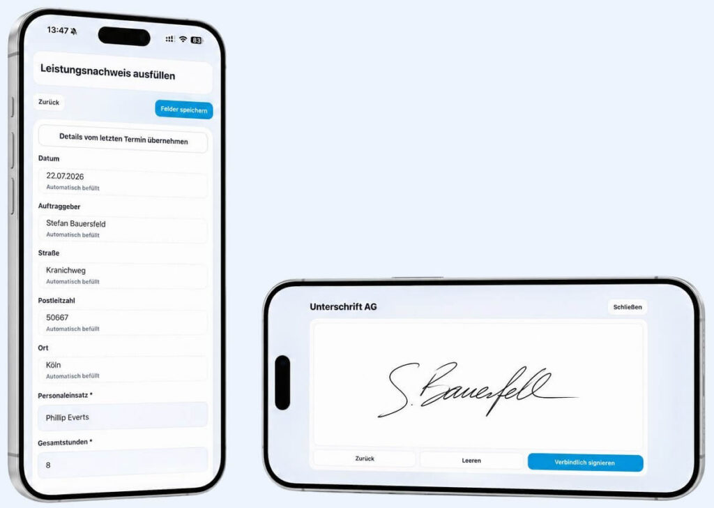 Mobiler Leistungsnachweis mit automatisch ausgefüllten Feldern und digitaler Unterschrift