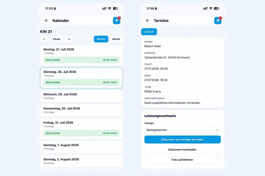 Mobile Wochenkalenderansicht mit Termindetails und Optionen für Vorlage, Upload oder Foto