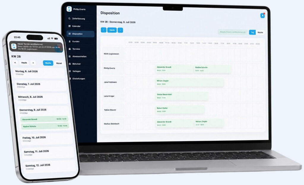 Digitale Einsatzplanung mit Wochenkalender auf dem Smartphone und Disposition am Laptop
