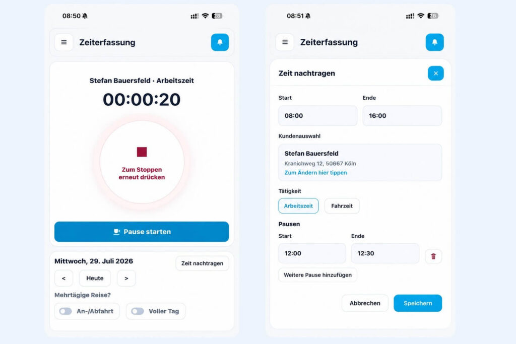 Laufende mobile Stempeluhr mit Funktionen zum Nachtragen von Arbeitszeit und Pause