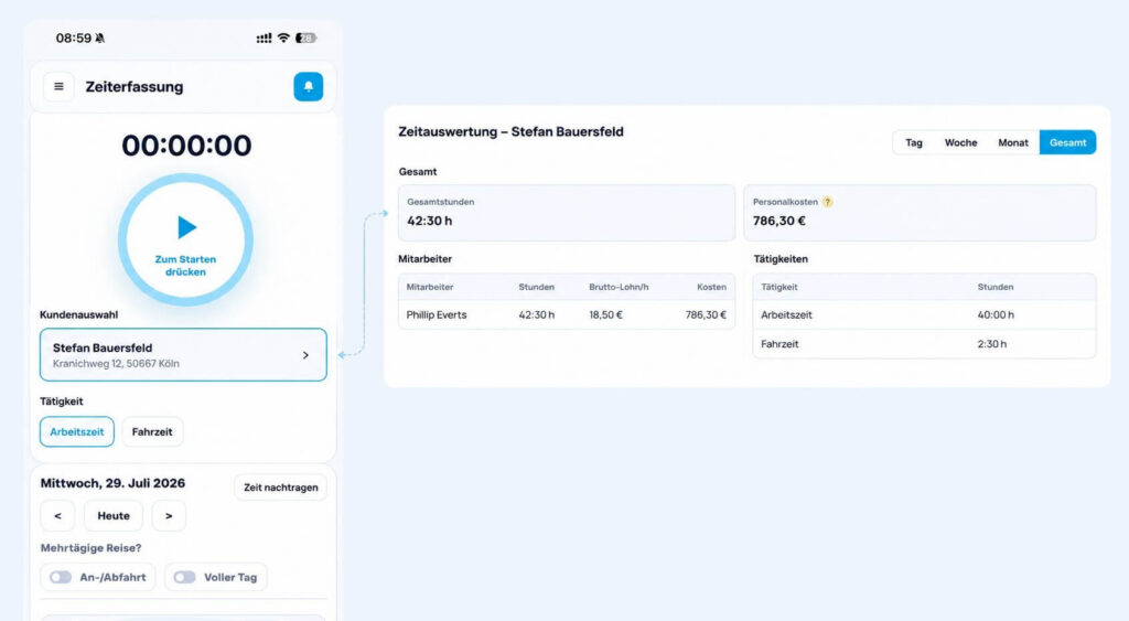 Mobile Stempeluhr mit Kundenzuordnung und Zeitauswertung nach Stunden, Personalkosten und Tätigkeiten