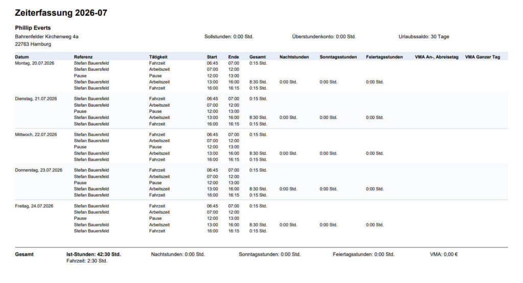 PDF-Stundenzettel mit Arbeitszeiten, Pausen und Fahrzeiten