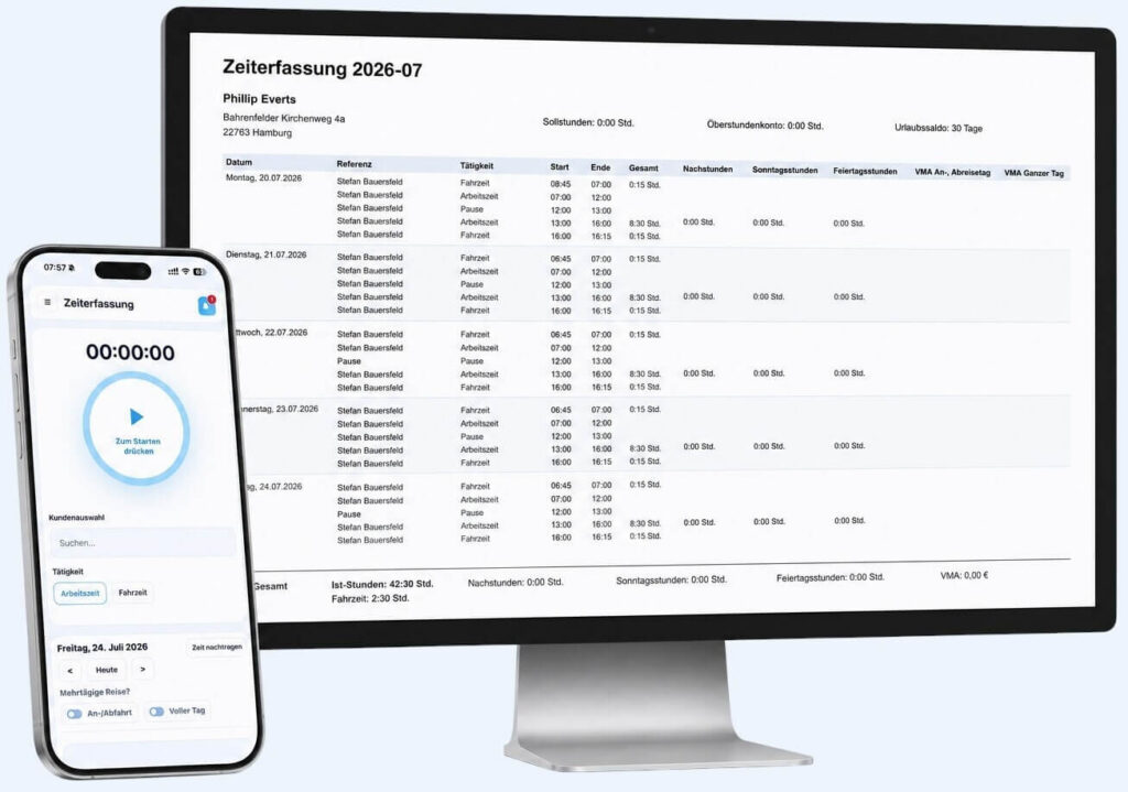 Mobile Stempeluhr mit Monatsübersicht der erfassten Arbeitszeiten am Monitor
