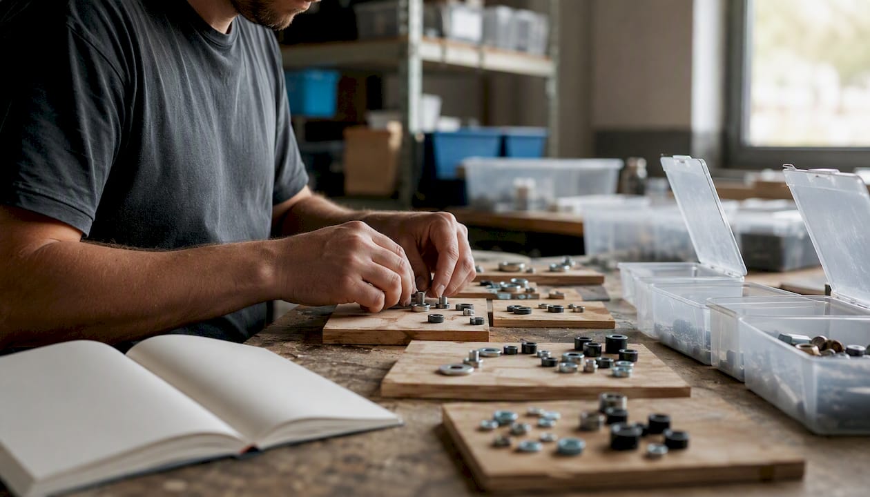 Ein Handwerker ordnet Materialien übersichtlich in Regalen.