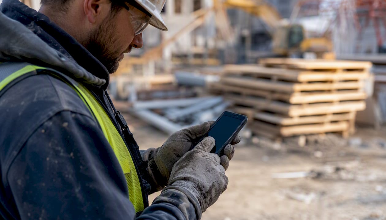 Detailaufnahme: Hände bedienen ein Smartphone auf einer Baustelle, um den aktuellen Stand zu überprüfen.