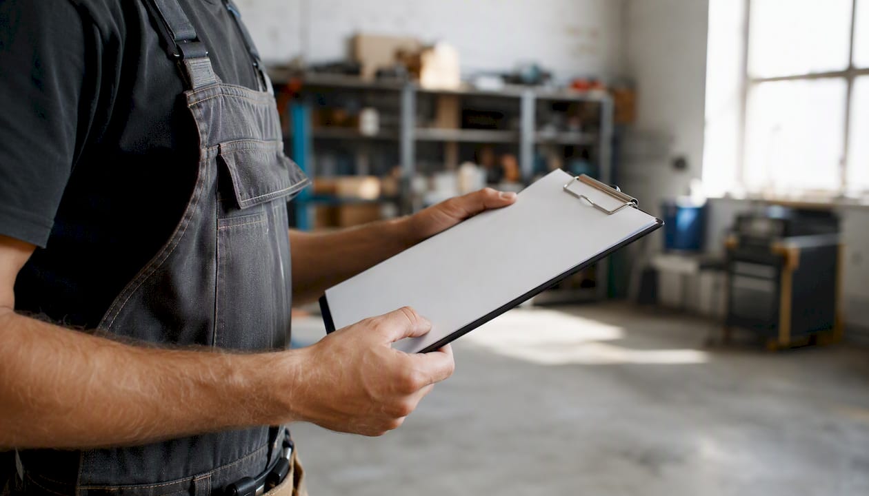 Ein Handwerker steht in seiner Werkstatt und überprüft Unterlagen auf einem Klemmbrett.