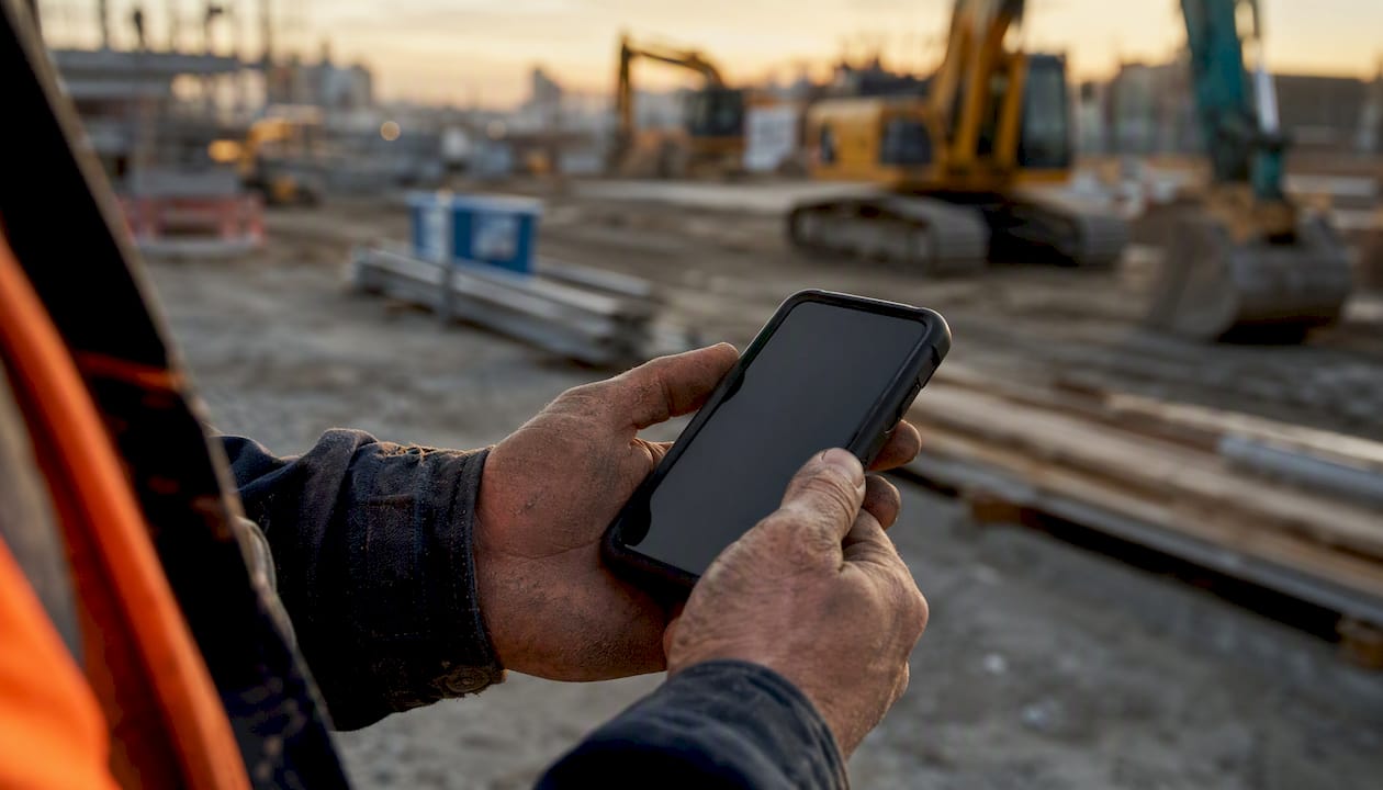 Ein Bauarbeiter steht draußen auf der Baustelle und blickt auf sein Smartphone.