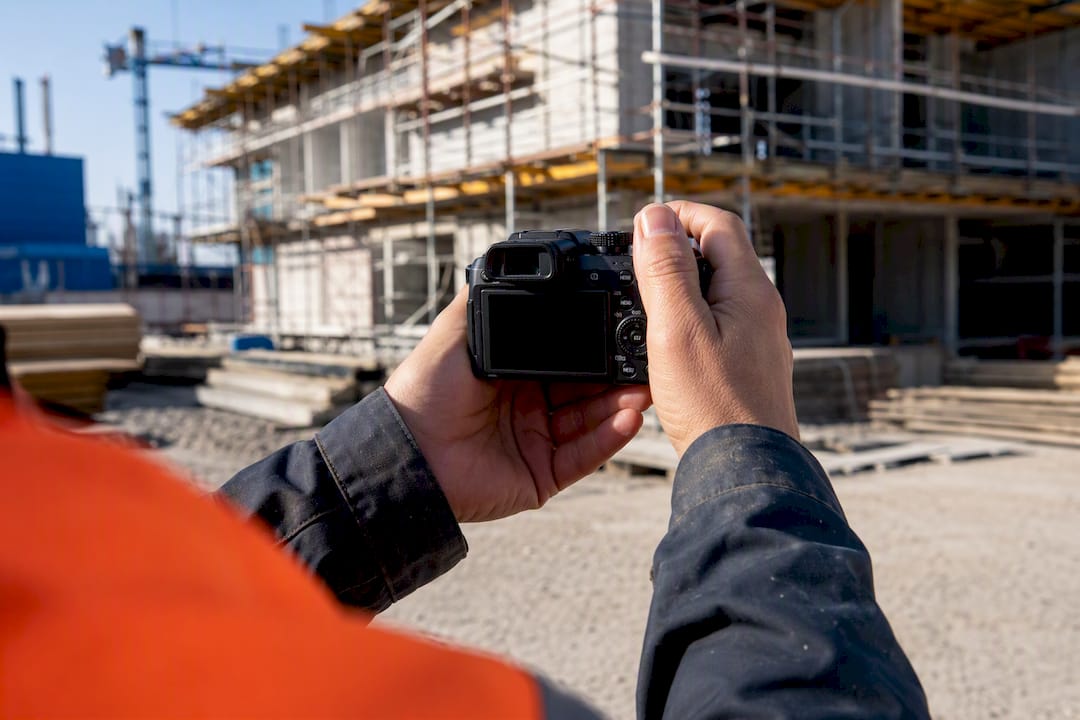 Ein Handwerker hält die Fortschritte auf der Baustelle mit Fotos fest.