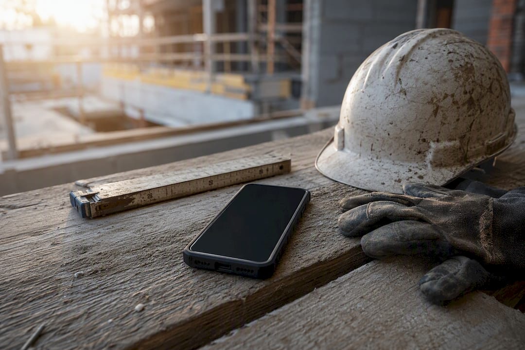 Smartphone liegt auf einem Holzbrett auf der Baustelle