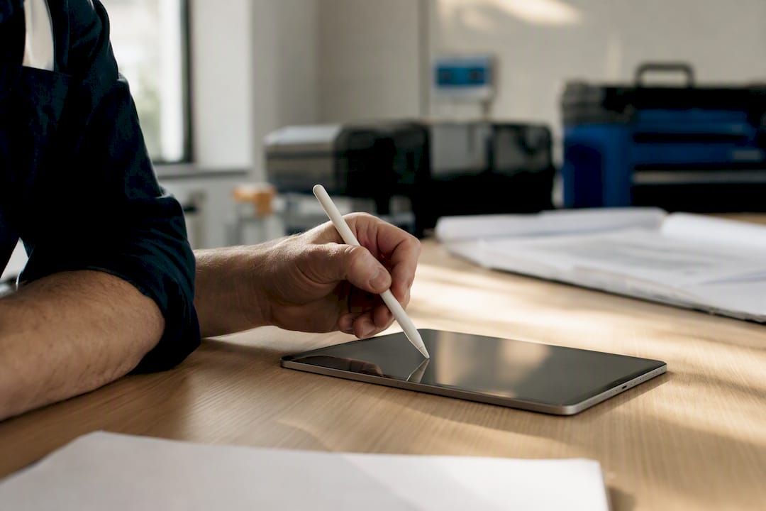 Stylus schwebt über dem Tablet-Bildschirm