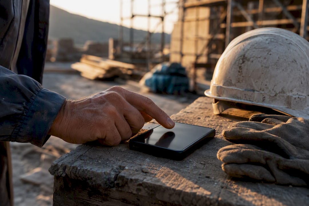 Hand eines Handwerkers, der im Freien auf ein mobiles Gerät tippt