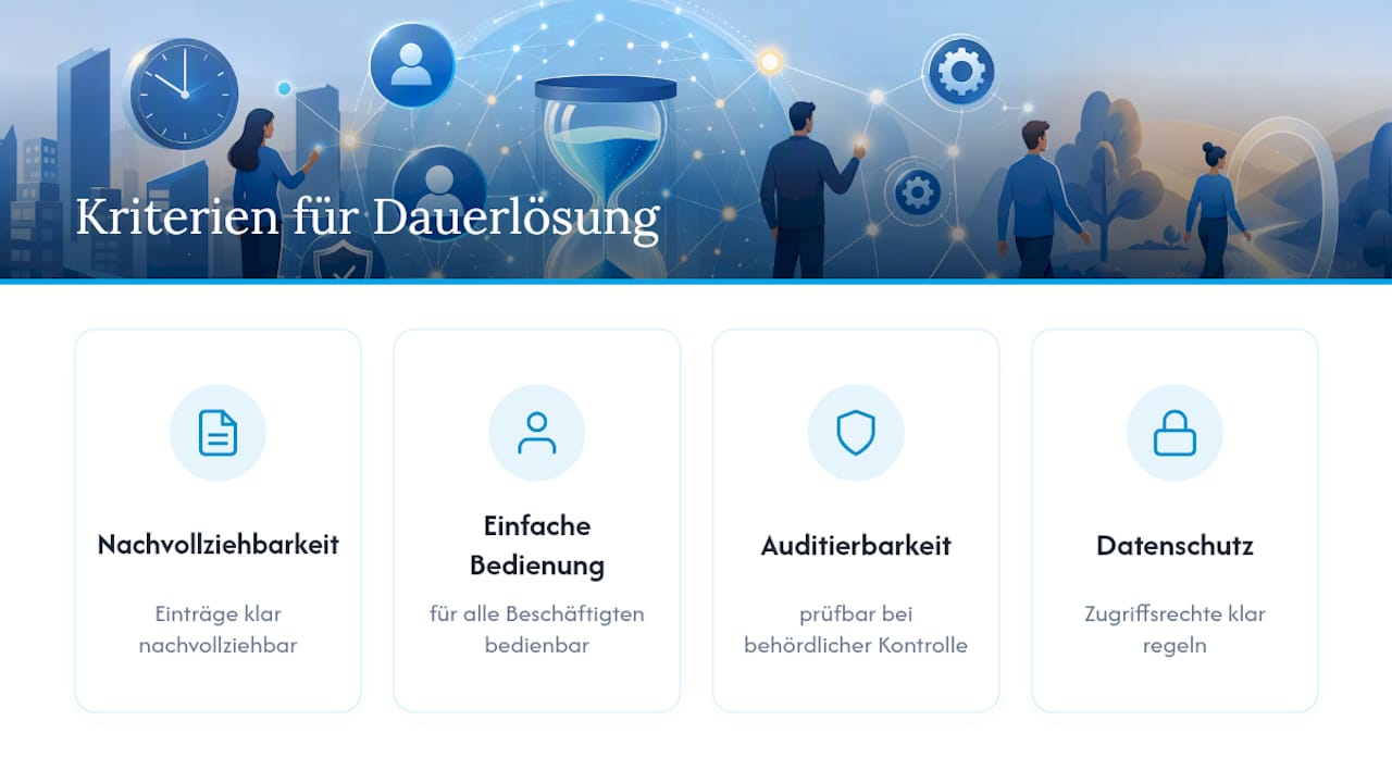 Diagramm mit vier Kriterien für Zeiterfassungssysteme