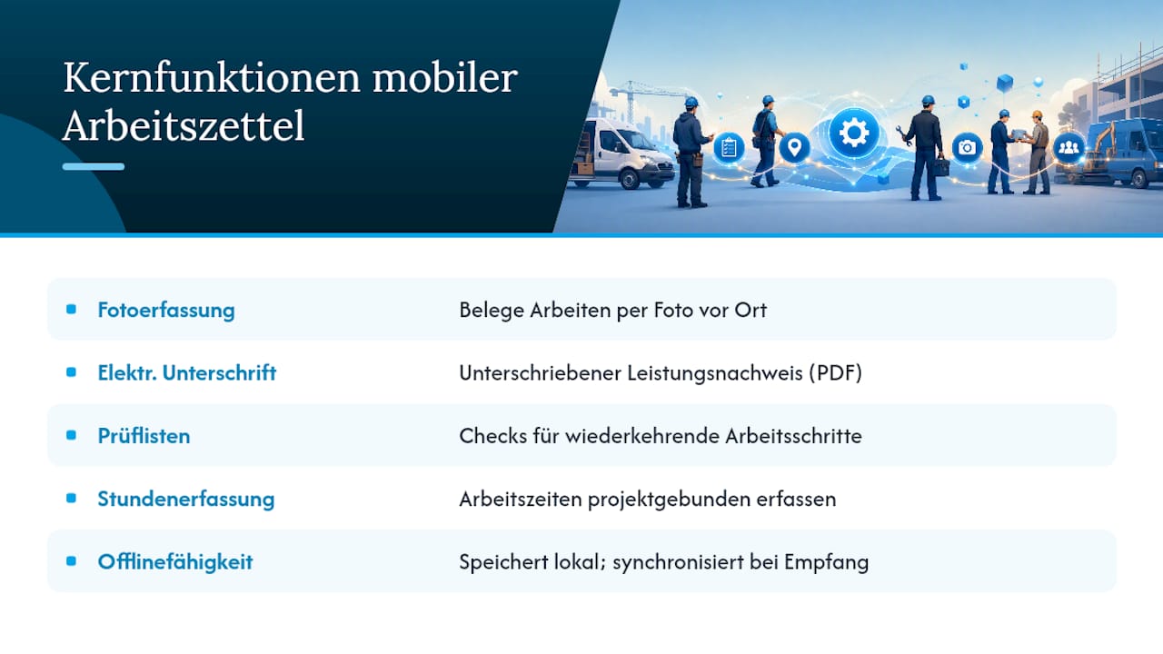 Diagramm der wichtigsten Funktionen der mobilen Arbeitsblatt-App