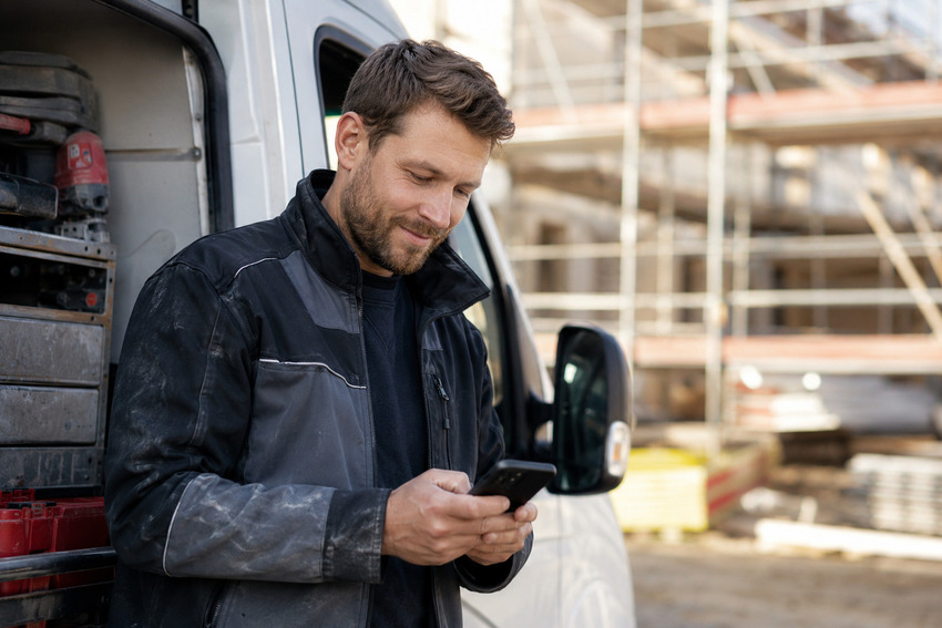 Handwerker erfasst Arbeitszeit digital per Smartphone auf der Baustelle