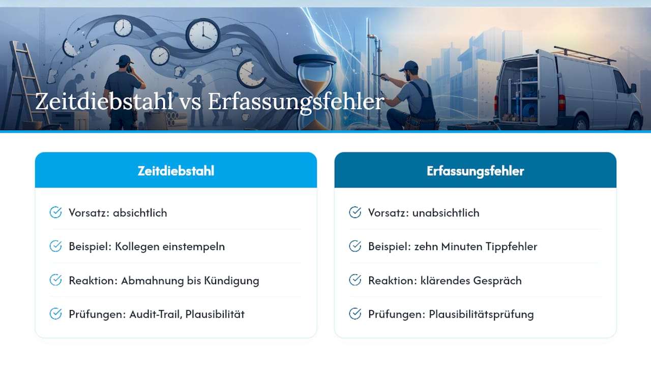 Was Zeitdiebstahl bedeutet und wie er sich von Erfassungsfehlern unterscheidet — overview diagram