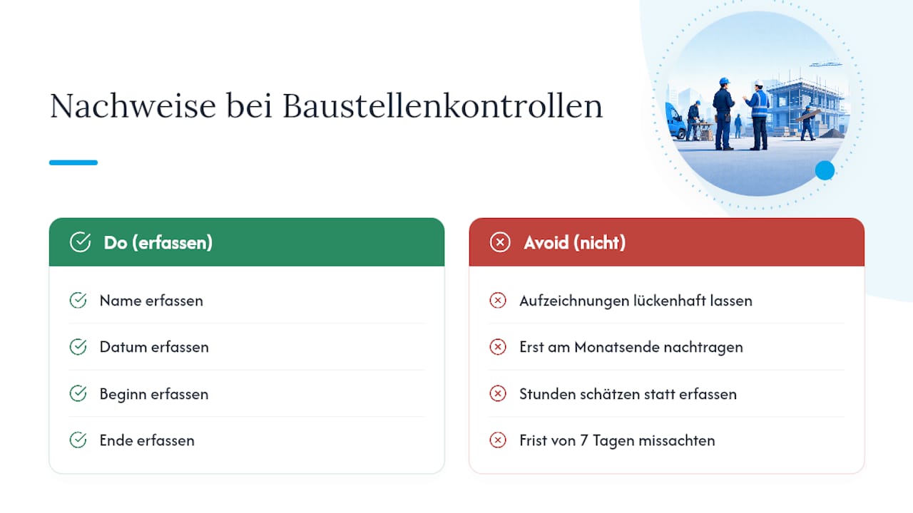 Pflichtangaben für Arbeitszeitnachweise auf der Baustelle